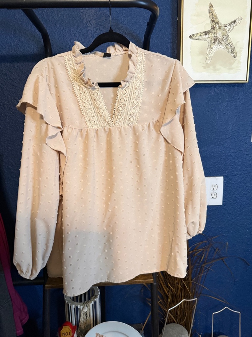 Women's Cream Long-Sleeve Ruffle V-Neck Blouse